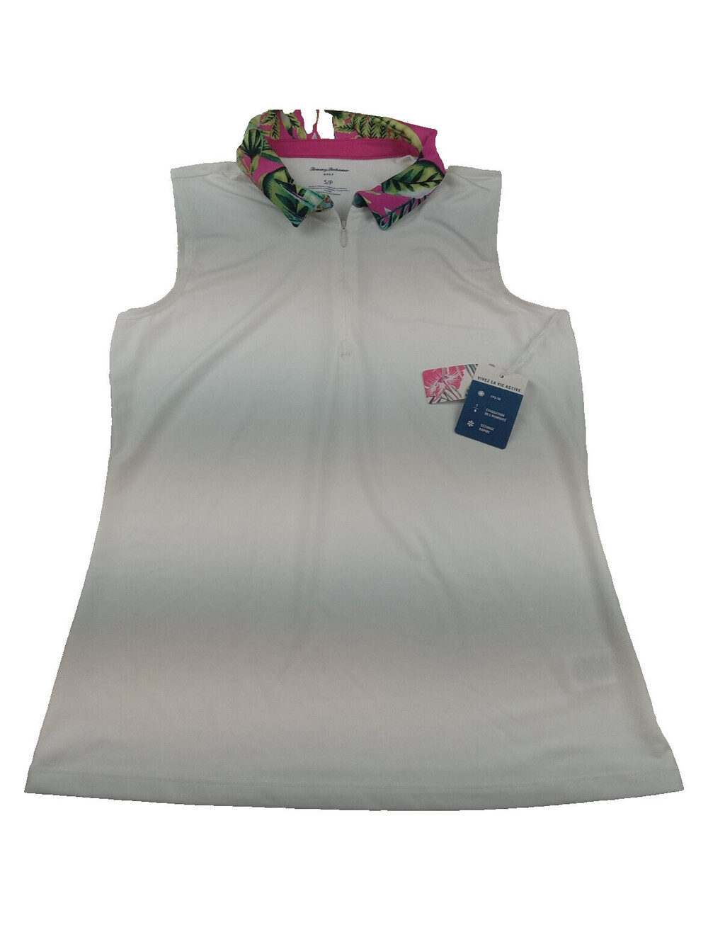 Tommy Bahama Top Womens Small White 1/4 Zip Sleeveless Floral Collar Active NWT